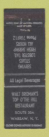 Matchbook Cover - Walt Broman's Top o the Hill Restaurant Warsaw NY
