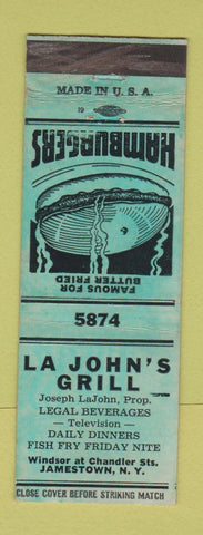 Matchbook Cover - La John's Grill Jamestown NY hamburgers WEAR