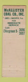 Matchbook Cover - McAllister Coal Brooklyn NY WEAR
