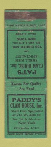 Matchbook Cover - Pat's Paddy's Clam House New York City
