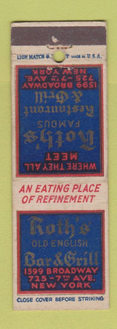 Matchbook Cover - Roth's Old English Bar Grill New York City