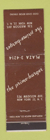 Matchbook Cover - The Prime Burger New York City