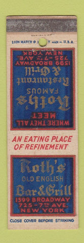 Matchbook Cover - Roth's Old English Bar Grill New York City WEAR
