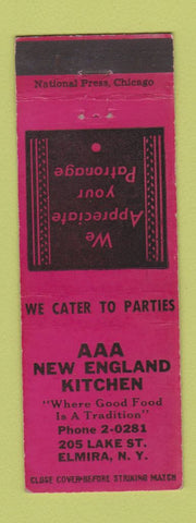 Matchbook Cover - AAA New England Kitchen Elmira NY