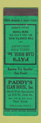 Matchbook Cover - Paddy's Clam House New York City