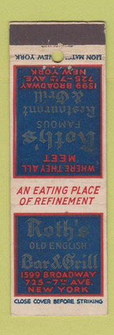 Matchbook Cover - Roth's Old English Bar Grill New York City