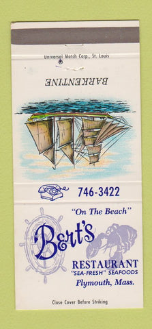 Matchbook Cover - Bert's Restaurant Plymouth MA 30 Strike
