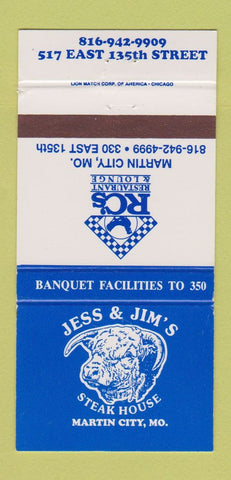Matchbook Cover - Jess & Jim's Steak House Martin City MO 30 Strike