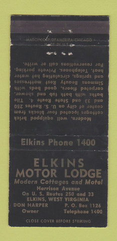 Matchbook Cover - Elkins Motor Lodge Elks WV WEAR low phone # 30 Strike