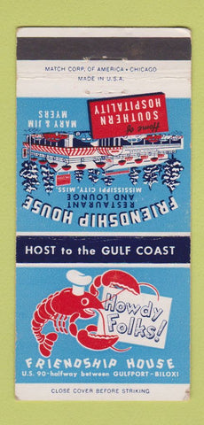 Matchbook Cover - Friendship House Biloxi Gulfport MS 30 Strike