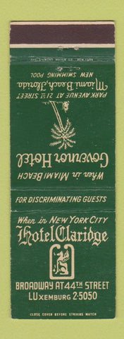 Matchbook Cover - Hotel Claridge Governor Hotel Miami Beach New York City