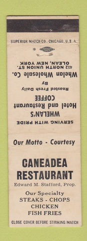 Matchbook Cover - Caneadea Restaurant Olean NY Whelan's Hotel