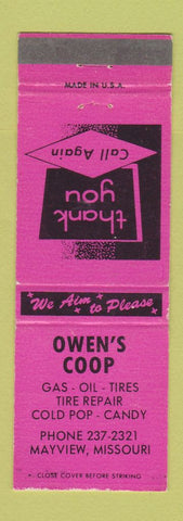 Matchbook Cover - Owen's COOP oil gas Mayview MO