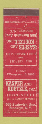 Matchbook Cover - Kasper and Coetzle Mill Supply Steel Brooklyn NY