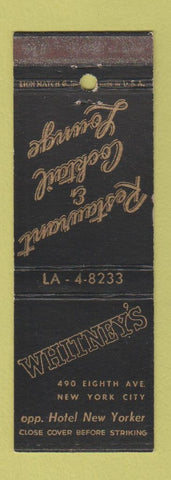 Matchbook Cover - Whitney's Restaurant New York City