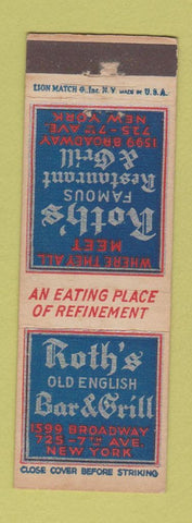 Matchbook Cover - Roth's Restaurant Grill New York City WEAR