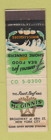 Matchbook Cover - McGinnis Restaurant Roast Beef New York City