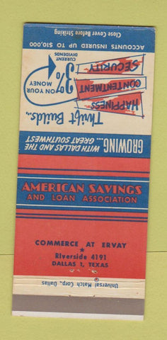Matchbook Cover - American Savings and Loan Dallas TX 30 Strike