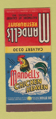 Matchbook Cover - Mandell's Restaurant Baltimore MD 30 Stick