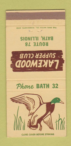 Matchbook Cover - Lakewood Supper Club Bath IL 30 Strike