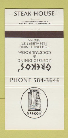 Matchbook Cover - Greko's Restaurant Steak Regina SK 30 Strike