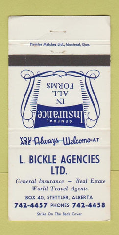 Matchbook Cover - L Bickle Insurance Stettler AB 30 Strike