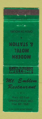 Matchbook Cover - Mount Emblem Restaurant Springfield MO motel