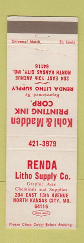 Matchbook Cover - Renda Litho Supply Kohn Madden Printing Ink Kansas City MO