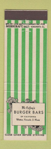 Matchbook Cover - McCaffery's Burger Bars Whittier Norwalk El Monte CA