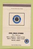 Matchbook Cover - Owl Drug Stores Muncie IN WEAR 40 Strike