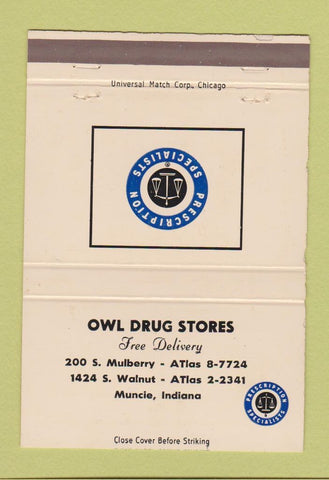Matchbook Cover - Owl Drug Stores Muncie IN WEAR 40 Strike