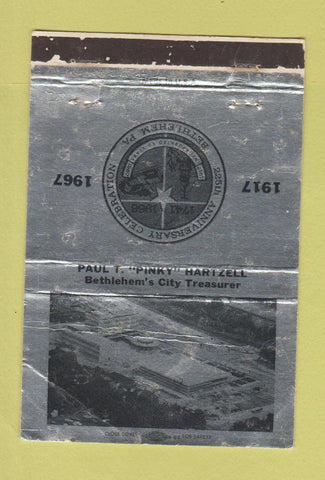 Matchbook Cover - Paul Pink Hartzell Bethlehem PA Treasurer 1967 WORN 40 Strike