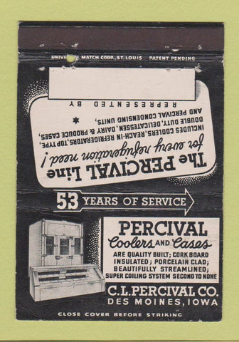 Matchbook Cover - Pervical Coolers Refrigeration Des Moines IA 40 Strike
