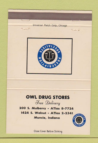 Matchbook Cover - Owl Drug Stores Muncie IN  40 Strike