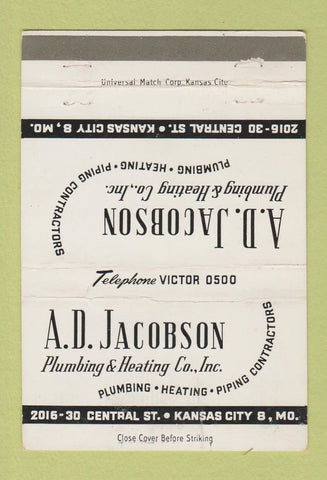Matchbook Cover - AD Jacobson Plumbing Heating Kansas City MO 40 Strike