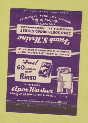 Matchbook Cover - Frank Ursino Appliances typewriters Philadelphia PA 40 Strike