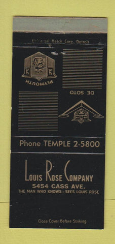 Matchbook Cover - Louis Rose DeSoto Plymouth Detroit MI WEAR 30 Strike