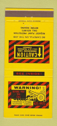 Matchbook Cover - Safety C&P Telephone VA Virginia call before digging 30 Strike