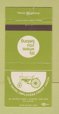 Matchbook Cover - John Deere Credit Union Tractors Waterloo IA 30 Strike
