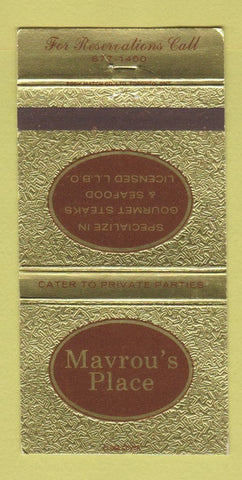 Matchbook Cover - Mavrou's Place Canada restaurant 30 Strike