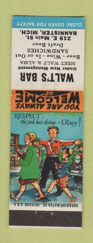 Matchbook Cover - Walt's Bar Bannister MI WORN