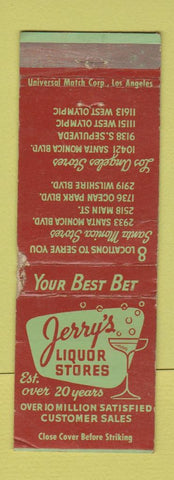 Matchbook Cover - Jerry's Liquor Stores Los Angeles CA WORN