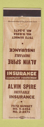 Matchbook Cover - Alvin Spire Insurance Los Angeles? CA