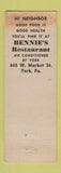 Matchbook Cover - Bennie's Restaurant York PA