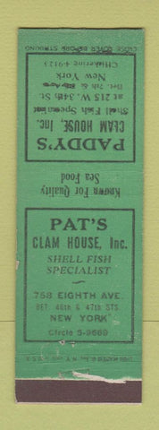 Matchbook Cover - Paddy's Clam House New York City WEAR