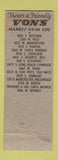 Matchbook Cover - Von's Market Grocery Los Angeles CA WORN