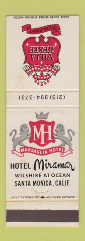 Matchbook Cover - Villa Deste Restaurant Hotel Miramar Santa Monica CA WEAR