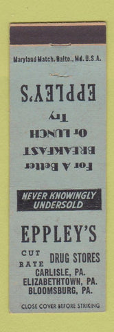 Matchbook Cover - Eppley's Drug Stores Carlisle Elizabethtown Bloomsburg PA BLUE