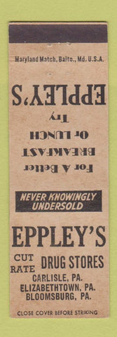 Matchbook Cover Eppley's Drug Stores Carlisle Elizabethtown Bloomsburg PA WHITE