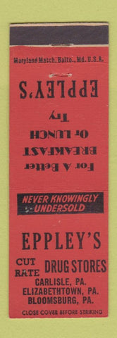 Matchbook Cover - Eppley's Drug Stores Carlisle Elizabethtown Bloomsburg PA RED